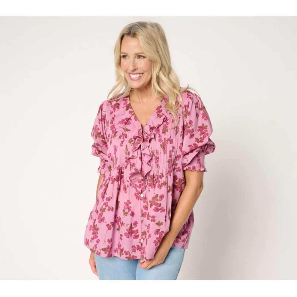 Ree by The Pioneer Woman Women's Top Plus Sz 2X Pier Printed 100% Pink A701768
